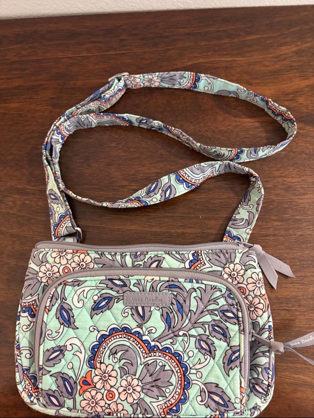 Vera Bradley Mint Floral Paisley Quilted Crossbody with Gray Trim